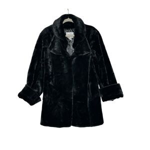 Pamela McCoy Black Fake Fur Cuff Sleeve Double Collar Swing Coat | M